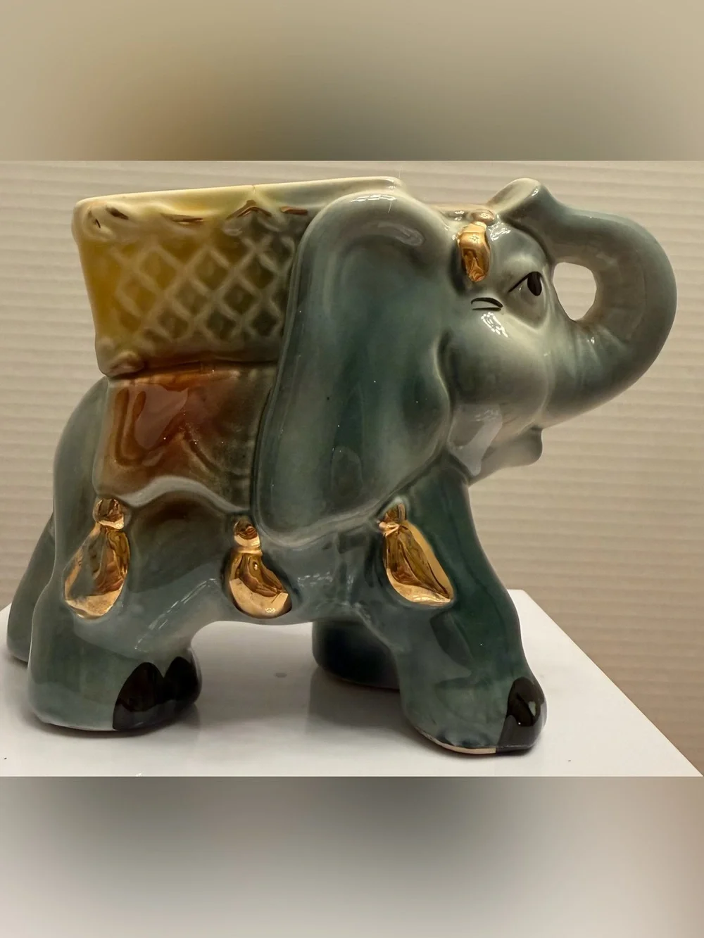 Vintage Mid Century Ceramic Elephant Planter Gold Gilt Howdah